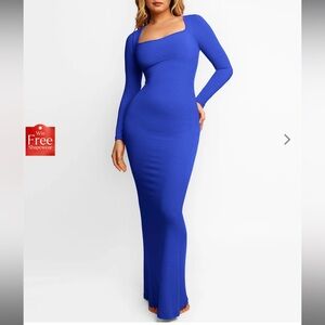 POPILUSH Shapewear Square Neck Long Sleeve Slimming Modal Maxi Dress. Blue XS
